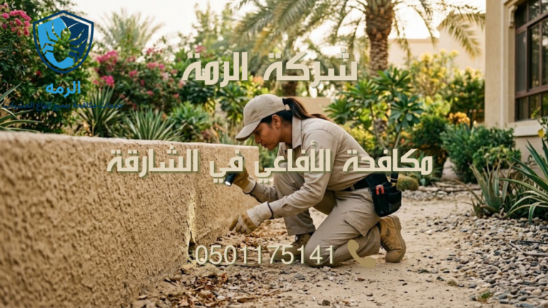 فني يفحص أطراف حديقة فيلا سكنية في الشارقة للتحقق من علامات وجود أفاعي