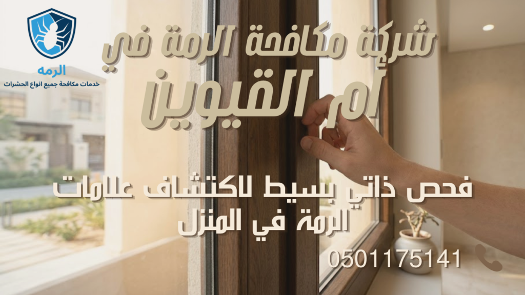 شركة مكافحة الرمة في أم القيوين 2 شخص يفحص إطار نافذة خشبي بحثاً عن علامات الرمة داخل المنزل