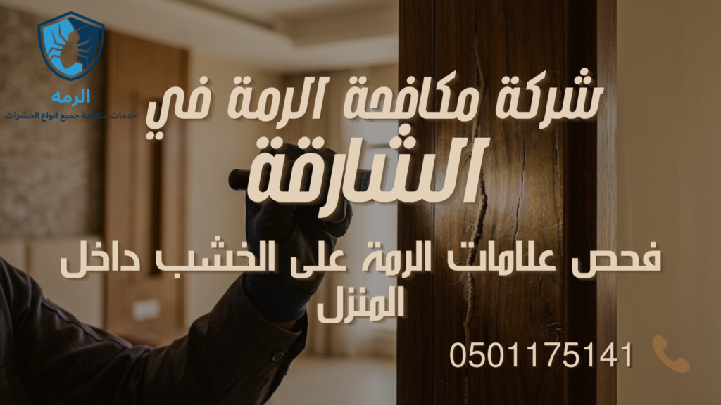 مكافحة الرمة بالشارقة | خصم 60% 1 فني يفحص علامات إصابة الرمة على خشب باب داخل فيلا في الشارقة